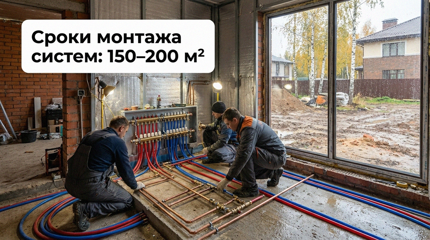 Процесс и этапы сроков монтажа инженерных систем под ключ для частного дома 150-200 м²