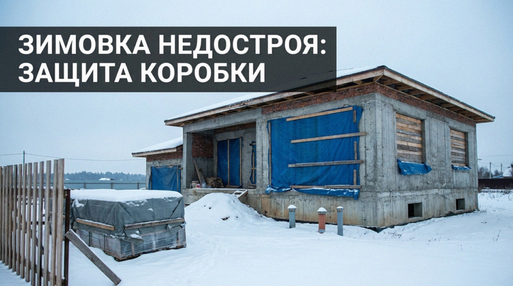 Процесс консервации недостроенного дома на зимний период для защиты от осадков
