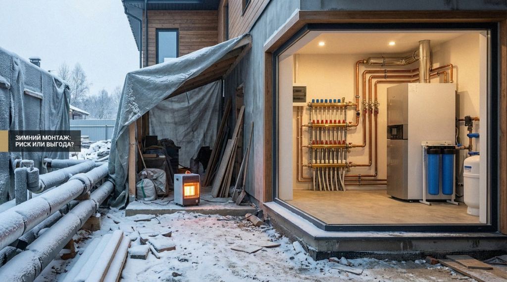 Процесс монтажа инженерных систем и коммуникаций в частном доме в зимний период на заснеженном участке