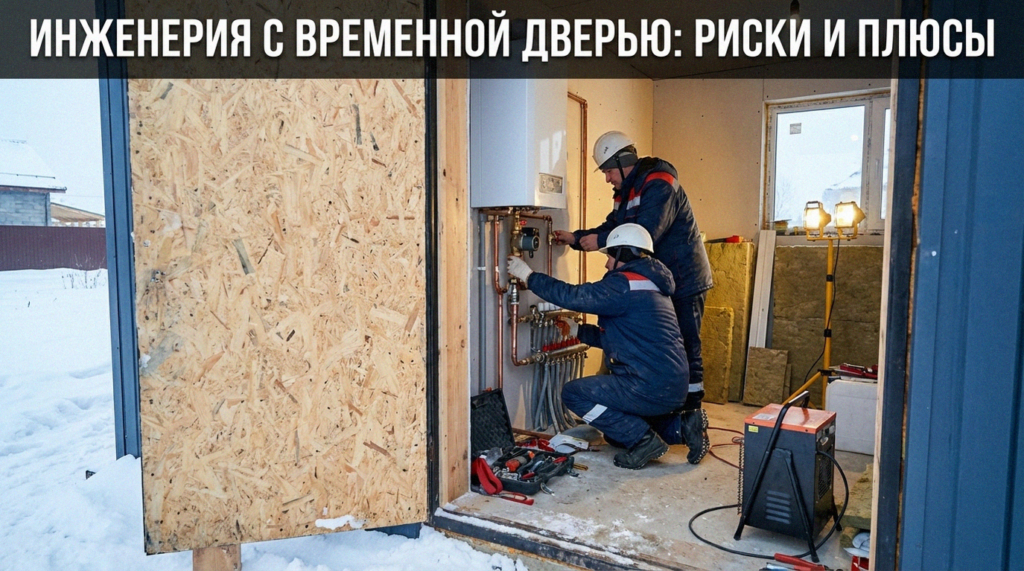 Процесс монтажа инженерных коммуникаций в строящемся доме с установленной временной входной дверью